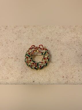 Macy's Gold-Tone Christmas Wreath Brooch with Red and Green Enamel